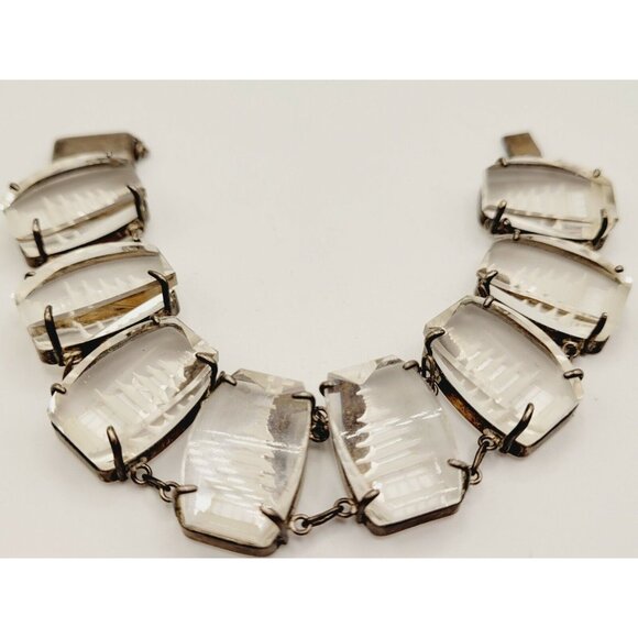 ANTIQUE ART DECO SILVER GLASS INTAGLIO ASIAN PAGODA MOTIF BRACELET - Picture 5 of 11